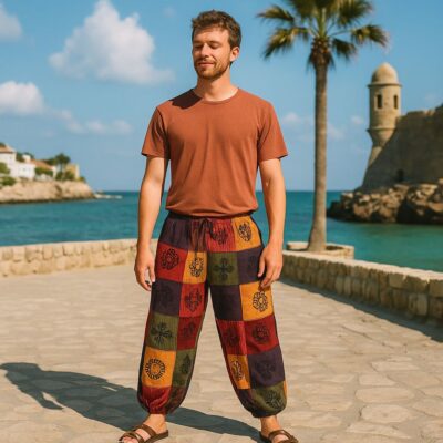 Nomad Sari Mushroom Pants Block Print Designs - Orange Tones (L/XL)