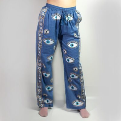 Nomad Sari On the Med Collection Lounge Pants - Rich Blue and Gold Hand-Painted Evil Eye Design (L/XL)
