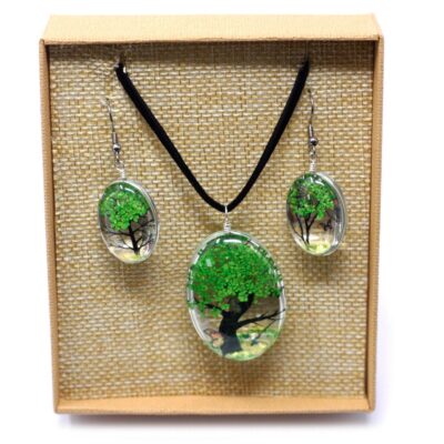 Tree of Life Pressed Flowers Jewellery Set - Green
