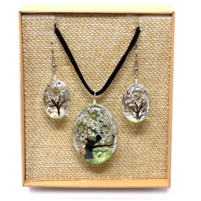 Tree of Life Pressed Flowers Jewellery Set - White