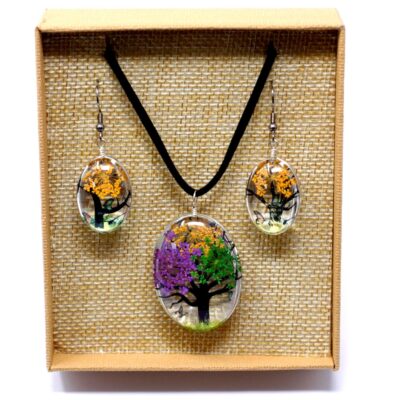 Tree of Life Pressed Flowers Jewellery Set - Mixed Colours