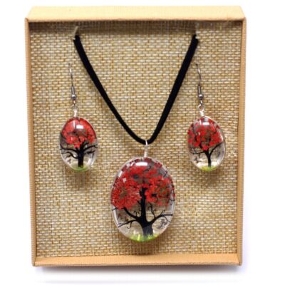Tree of Life Pressed Flowers Jewellery Set - Coral