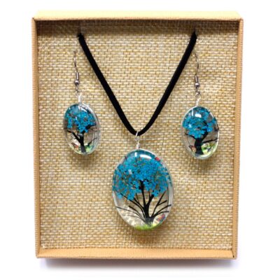 Tree of Life Pressed Flowers Jewellery Set - Teal