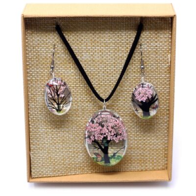 Tree of Life Pressed Flowers Jewellery Set - Pink