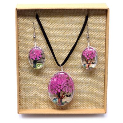 Tree of Life Pressed Flowers Jewellery Set - Bright Pink