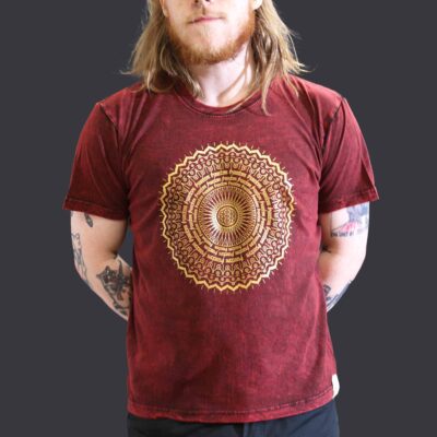 Mandala Maroon Stone Washed T-Shirt (L)
