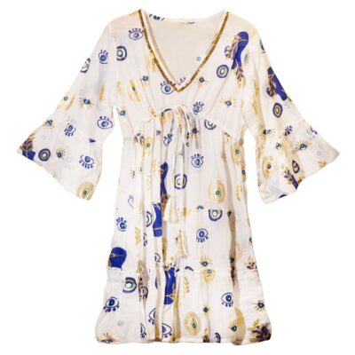 White, Blue and Gold Evil Eye Dress (L/XL)
