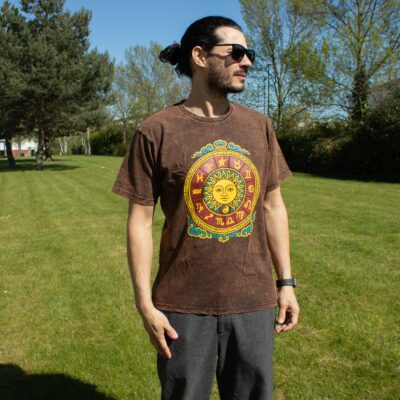 Sun and Zodiac Brown Stonewashed Cotton T-Shirt (M)