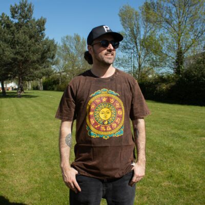 Sun and Zodiac Brown Stonewashed Cotton T-Shirt (S)