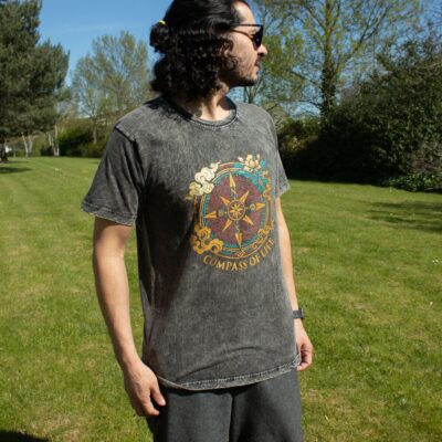 Compass of Life Charcoal Nomad Sari Stone Washed Cotton T-Shirt (M)