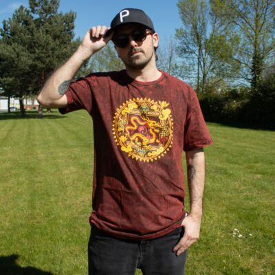 Dragon Mandala Maroon Stonewashed Cotton T-Shirt (L)