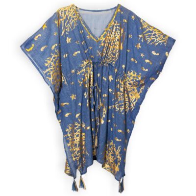 Sea Blue with Gold Coral Print Nomad Sari Kaftan