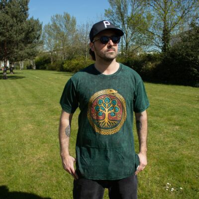 Tree of Life Green Stonewashed Cotton T-Shirt (L)