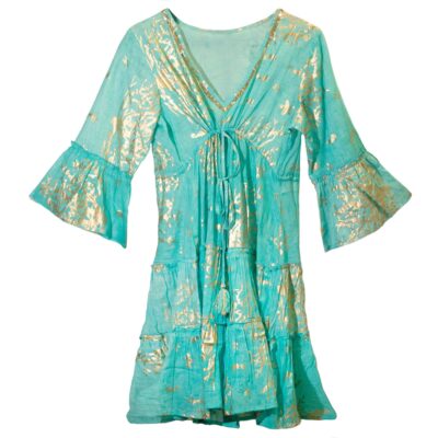 Turquoise and Gold Coral Nomad Sari Print Dress (L/XL)