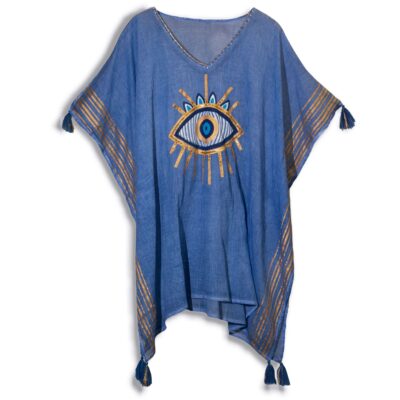 Rich Blue and Gold Evil Eye Print Nomad Sari Kaftan