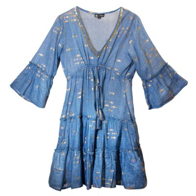 Nomad Sari Sea Blue and Gold Fish Print Dress (L/XL)