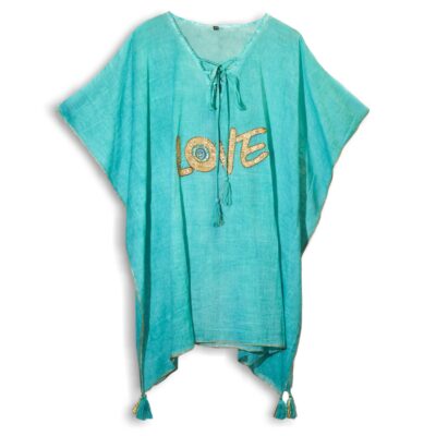Turquoise and Gold LOVE Motif Nomad Sari Kaftan