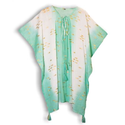 White and Turquoise with Gold Fish Print Nomad Sari Kaftan