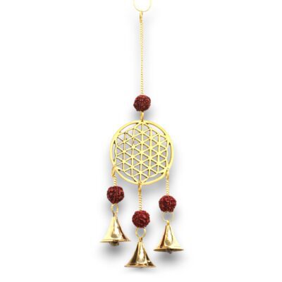 Brass Flower of Life with Rudraksha Beads Indian Chimes with 3 Bells