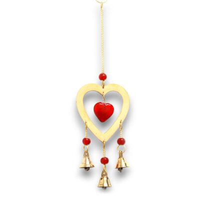 Brass with Ruby Glass Heart Beads Indian Chimes with 3 Bells