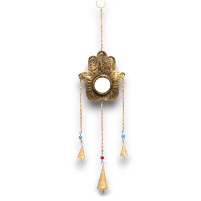 Iron Hamsa Small Mirror Indian Chimes with 3 Bells