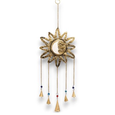 Brass Sun and Moon Mirror Indian Chimes with 5 Bells