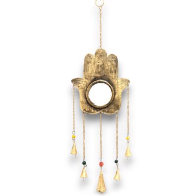 Iron Hamsa Large Mirror Indian Chimes with 5 Bells